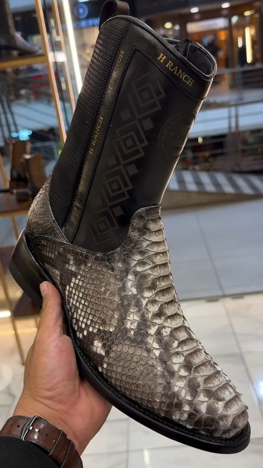 Men's Python-Print Crocodile Leather Oval-Toe Cowboy Boots