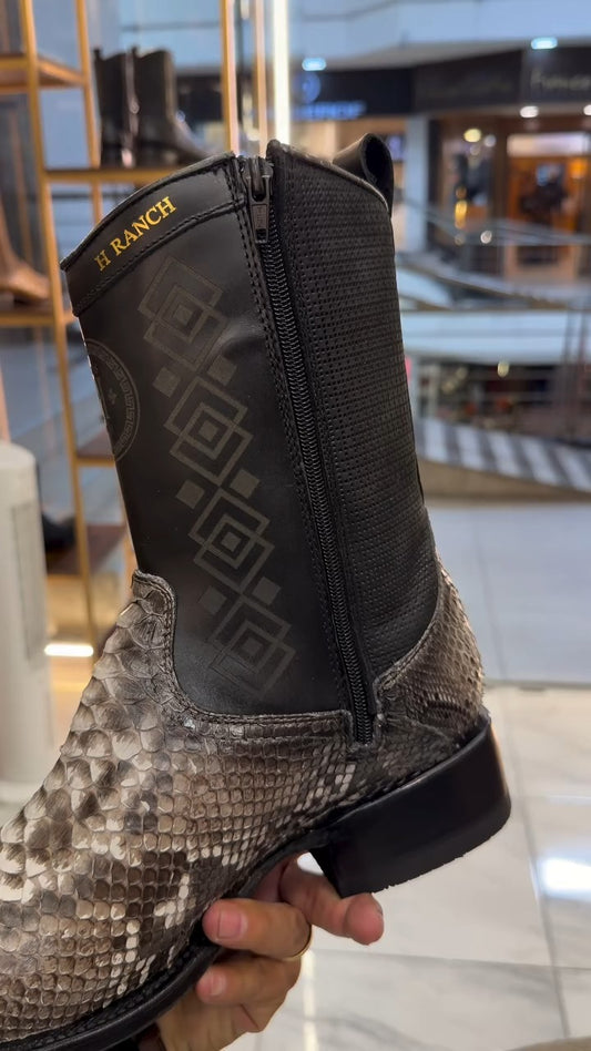 Men's Python-Print Crocodile Leather Oval-Toe Cowboy Boots