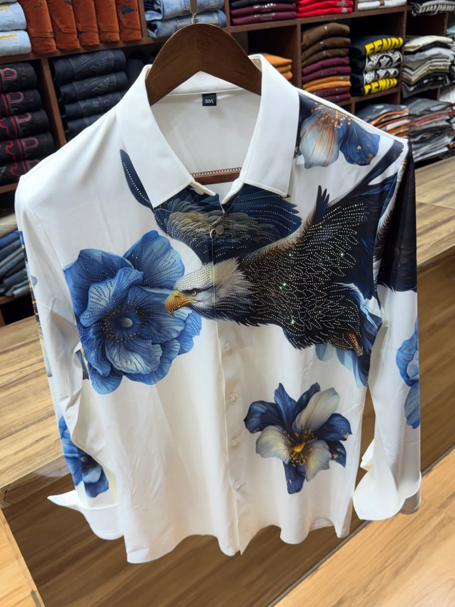 Men's Eagle & Blue Floral Rhinestone Print White Shirt