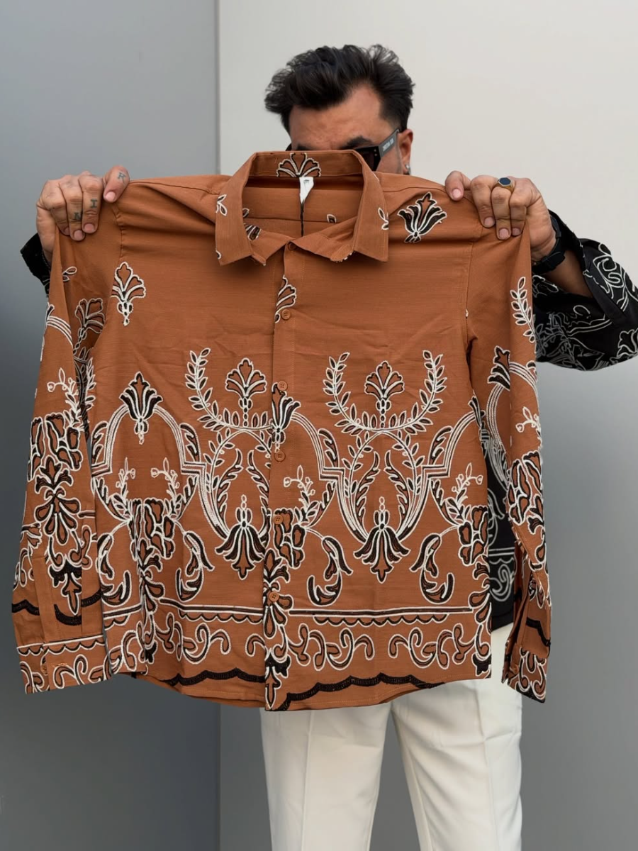 Men's Satin Intricate Embroidered Western Button Down Shirt