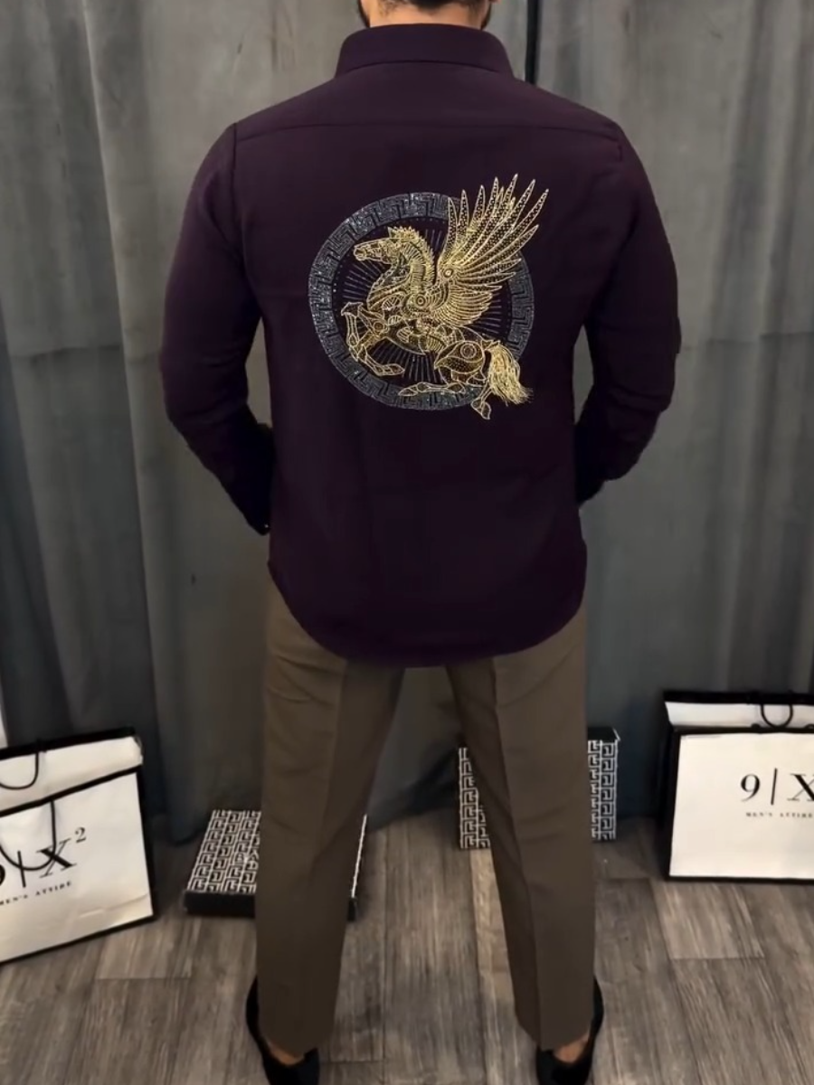 Men's Satin Pegasus Rhinestone Embellished Shirt