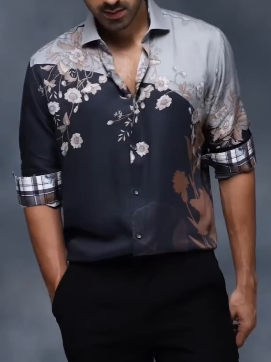 Men's Two-Tone Floral Print Long Sleeve Shirt