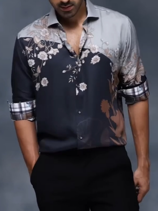 Men's Two-Tone Floral Print Long Sleeve Shirt