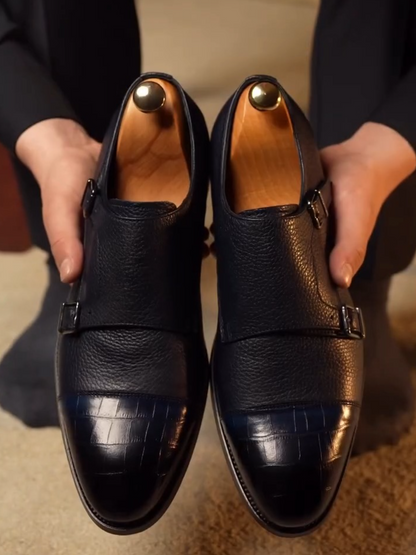 Men's Textured Leather Cap Toe Double Monk Strap Oxfords