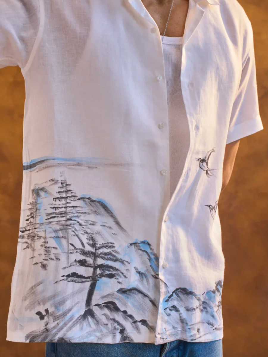 Men's Mountain Bird Print Linen Aloha Shirt