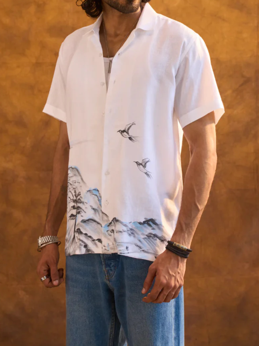 Men's Mountain Bird Print Linen Aloha Shirt