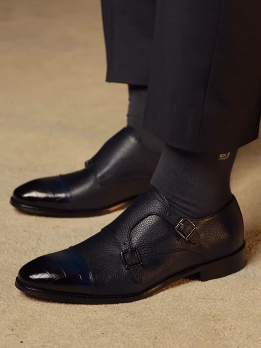 Men's Textured Leather Cap Toe Double Monk Strap Oxfords