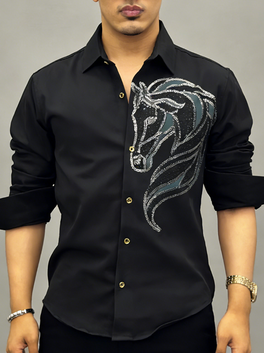 Men's Silver Rhinestone Horse Black Shirt