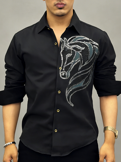 Men's Silver Rhinestone Horse Black Shirt