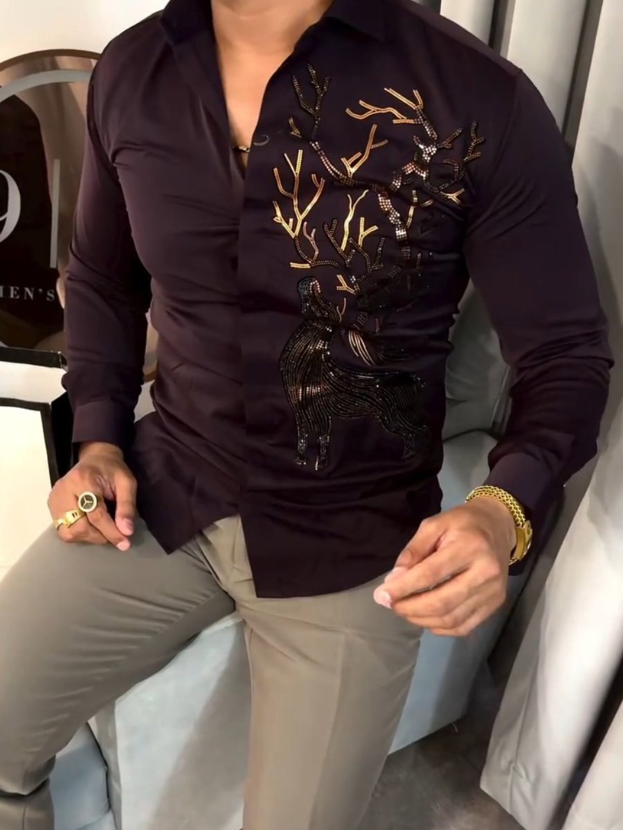 Men's Satin Shirt with Gold Sequin Trim