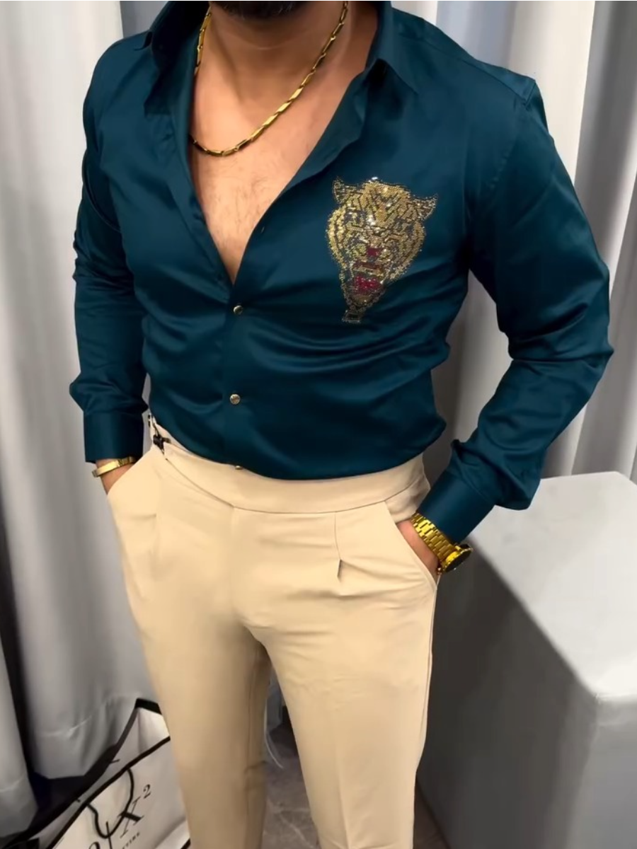 Men's Satin Tiger Sequins Shirt