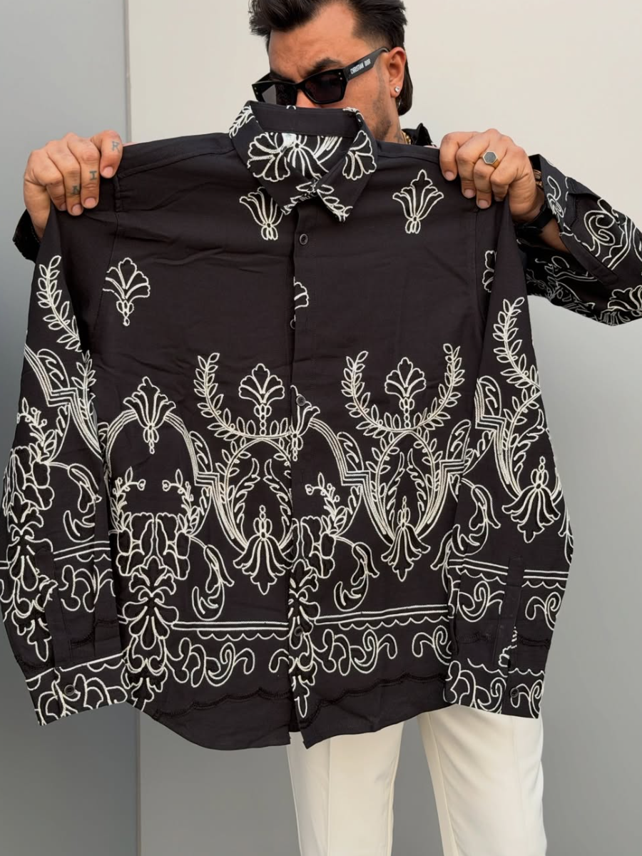 Men's Satin Intricate Embroidered Western Button Down Shirt