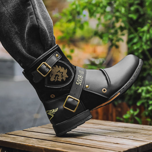 Vintage Metal Buckle Side Zipper Boots