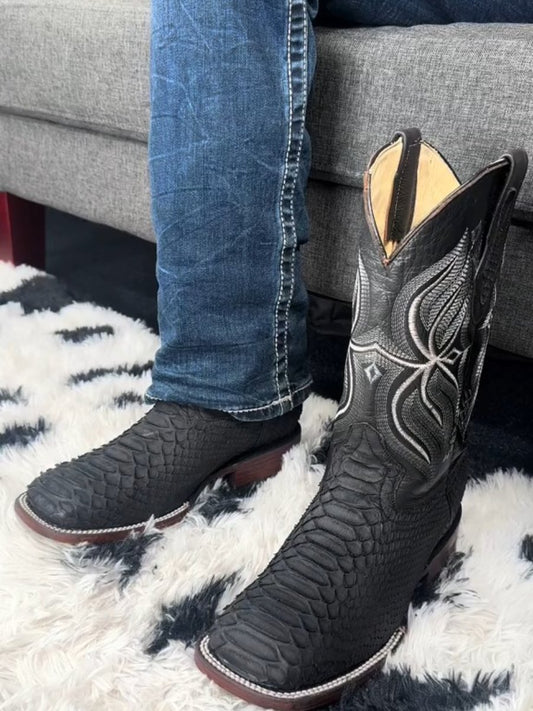 Black Python Square Toe Boots