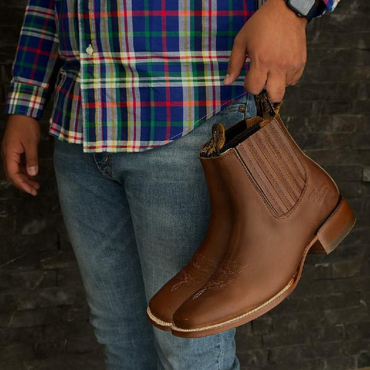 Brown Elastic Square Toe Ankle Boots