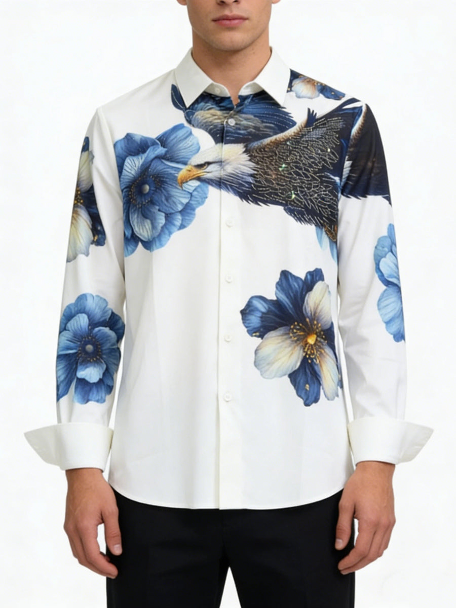 Men's Eagle & Blue Floral Rhinestone Print White Shirt