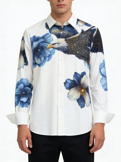 Men's Eagle & Blue Floral Rhinestone Print White Shirt