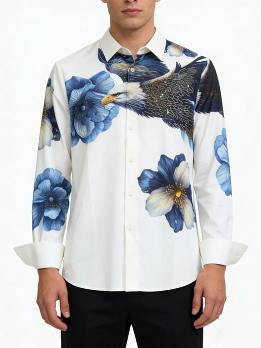 Men's Eagle & Blue Floral Rhinestone Print White Shirt