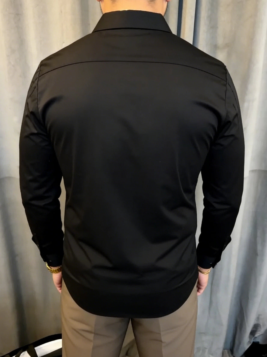 Men's Black Satin Geometric Embellished Shirt
