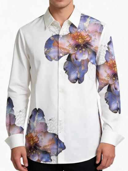 Men's Gradient Floral Rhinestone Print White Shirt